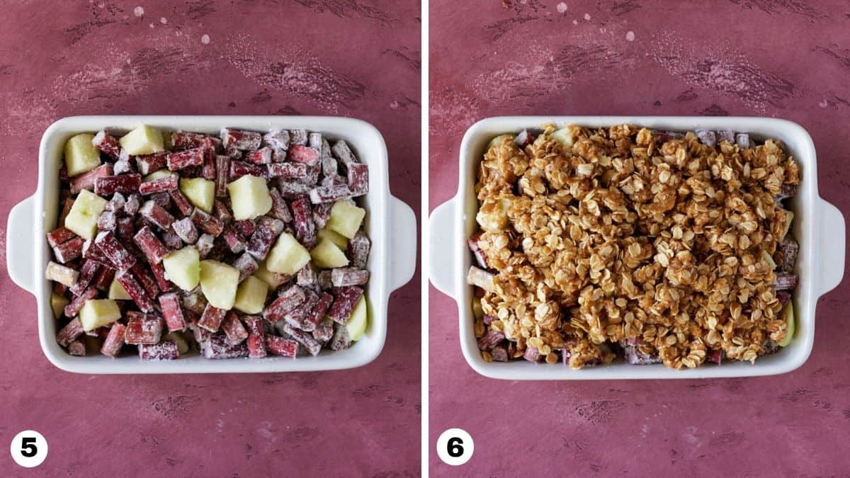 steps 5 and 6 for making apple rhubarb crisp.