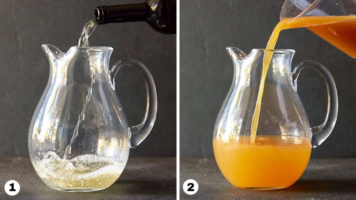 Hand pouring white wine and apple cider into glass pitcher. 