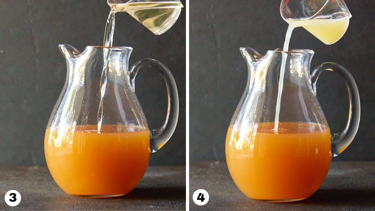 Hand pouring lemon juice & ginger liqueur into glass pitcher. 