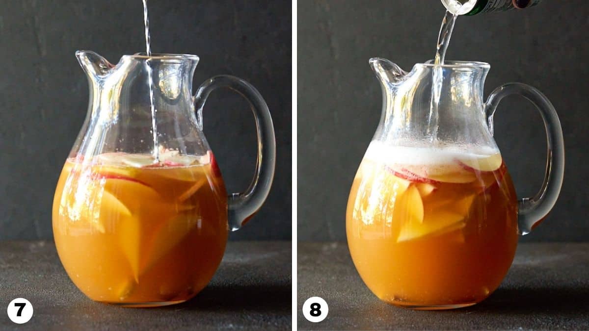 Hand pouring ginger ale into glass pitcher. 