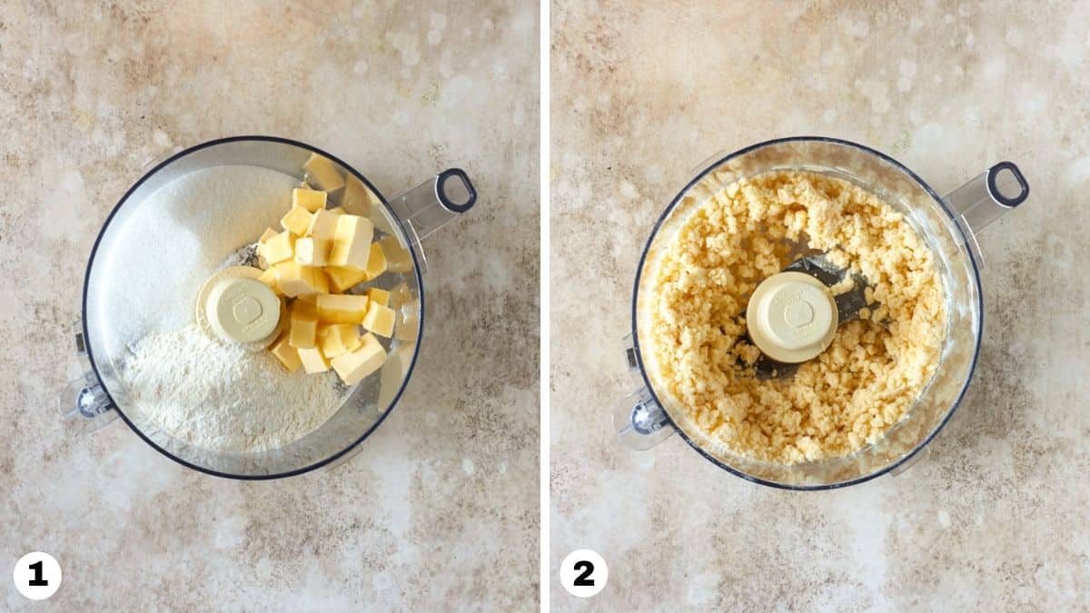 Butter, flour and sugar blended in a food processor. 