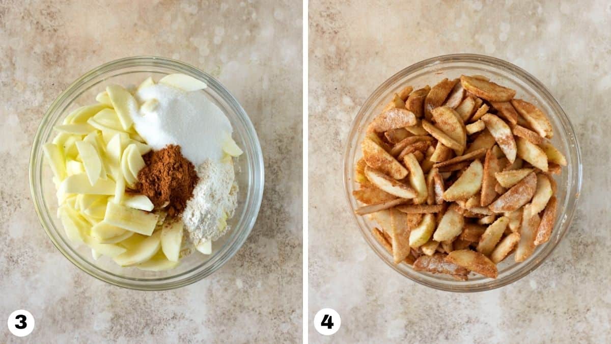 Sliced apples, cinnamon, flour and sugar mixed together in glass bowl. 