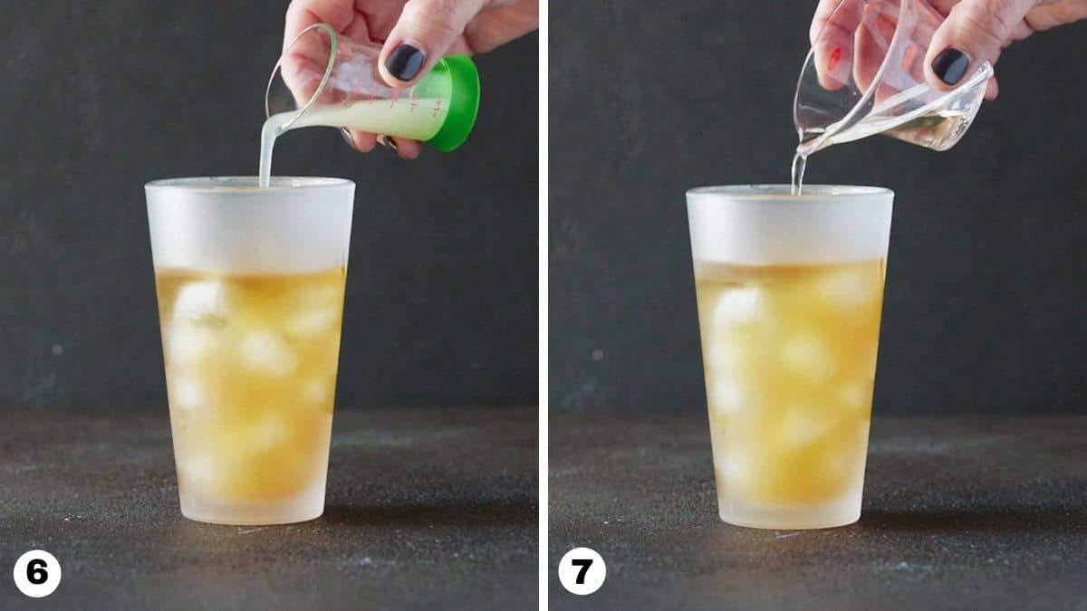 Hand pouring lemon juice & simple syrup into a cocktail shaker. 