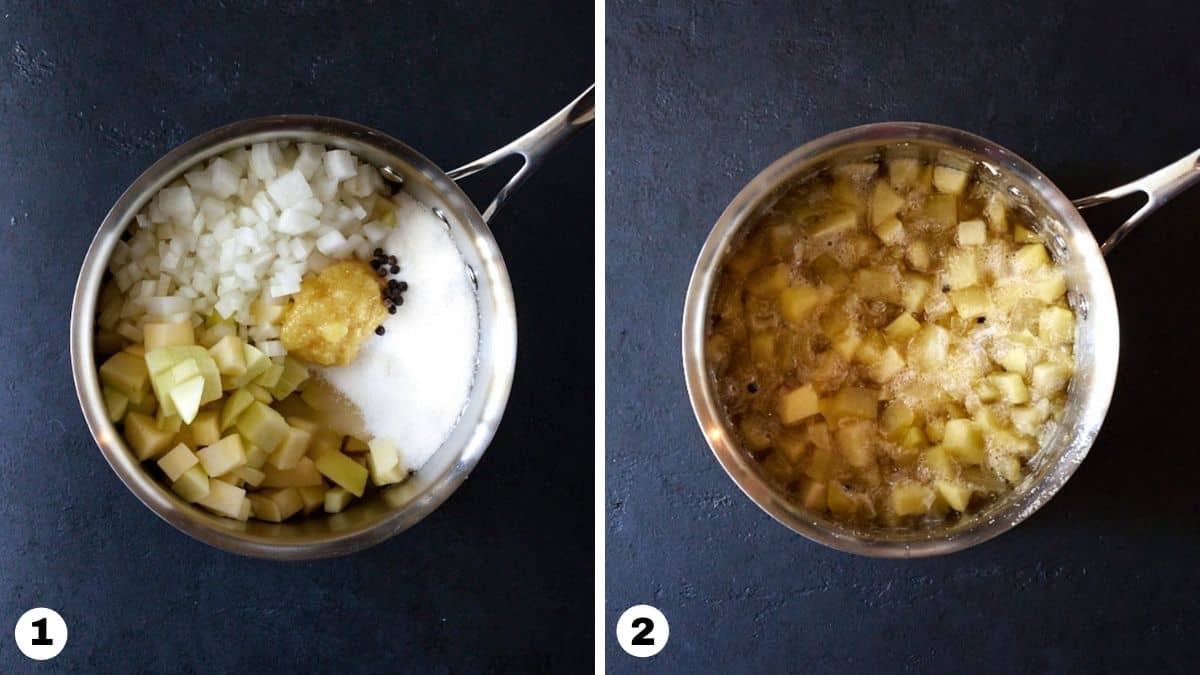 Apple chutney ingredients cooking in a saucepan. 