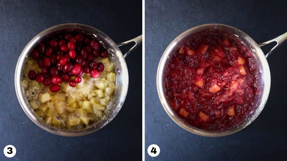 Cranberries and apples cooking in a saucepan. 