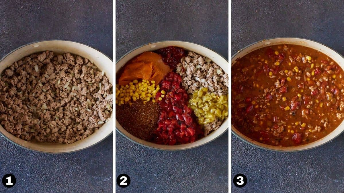 Ground turkey and chili ingredients in dutch oven. 