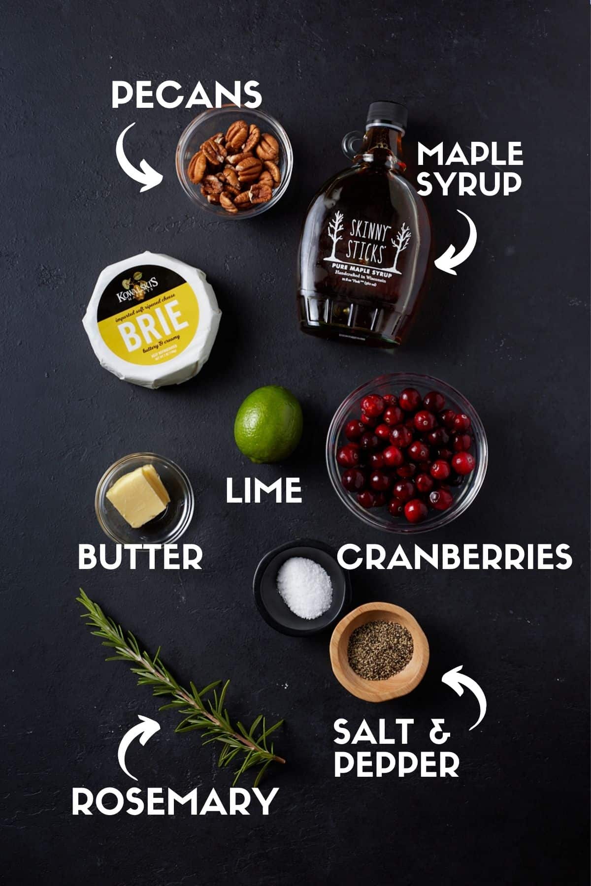 Ingredients for Baked Brie with Jam including cranberries, maple syrup & rosemary. 