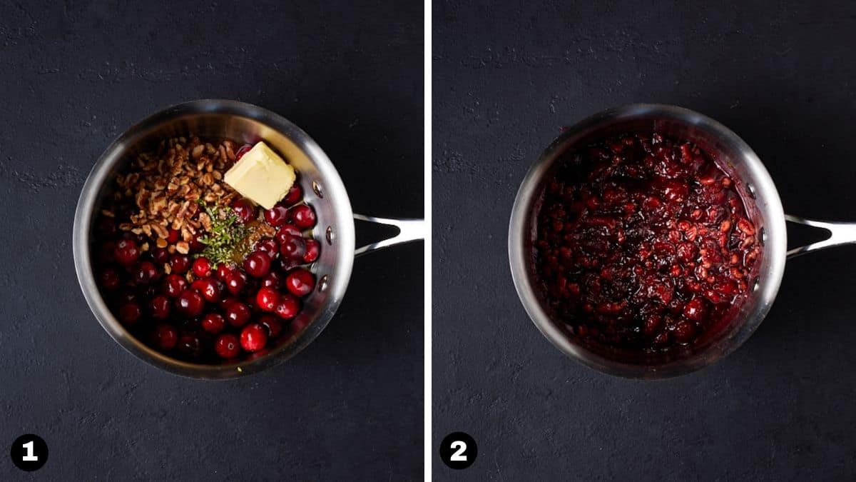 Cranberries, pecans and butter cooking in a saucepan.