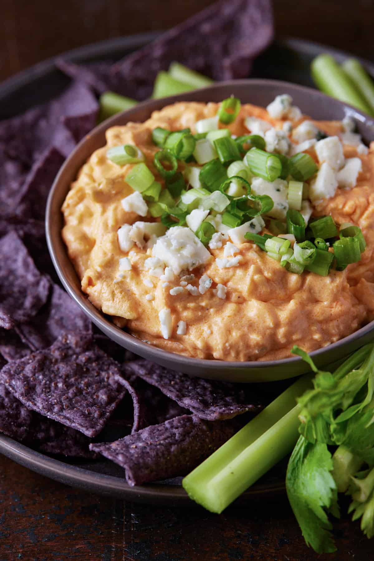 Buffalo Dip with blue cheese crumbles in a bowl.