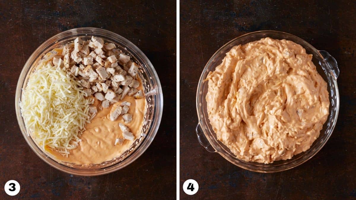 Steps 3 and 4 for buffalo chicken dip.