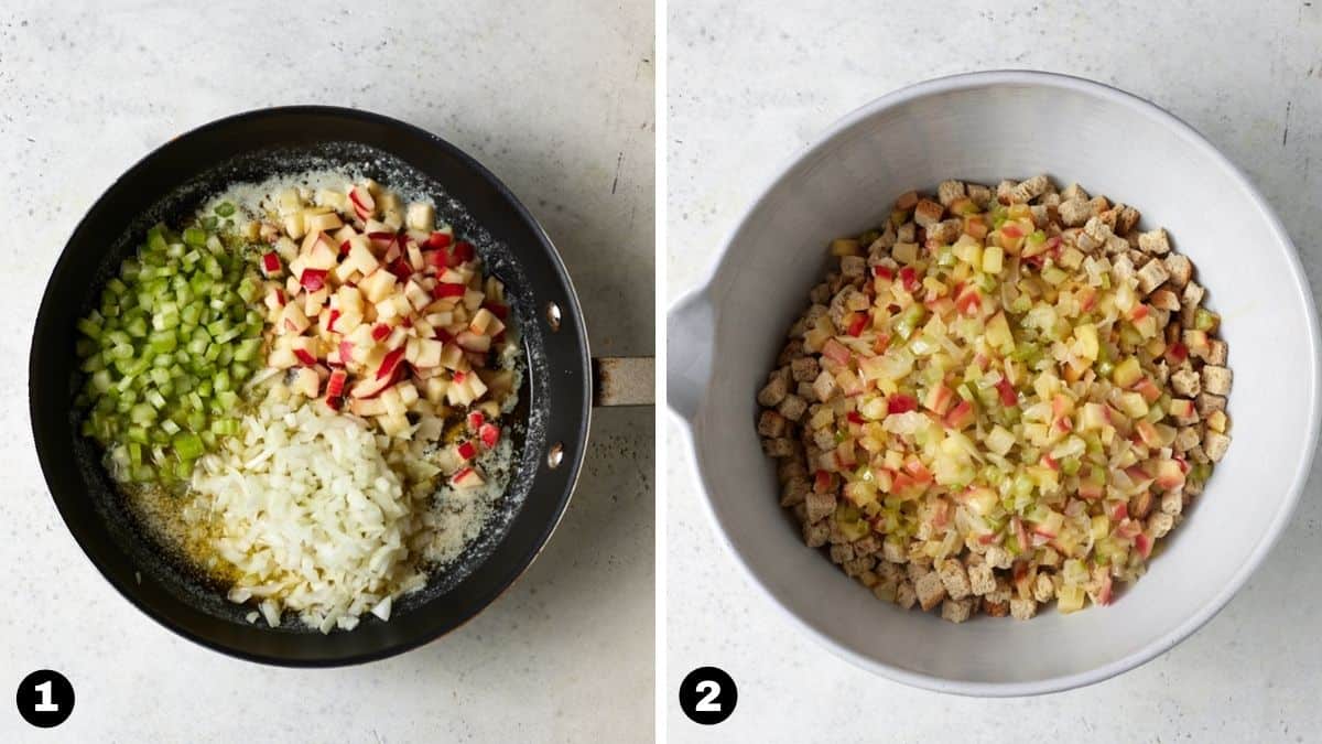 Apples, celery and onions sauteed in butter in a bowl with stuffing croutons. 