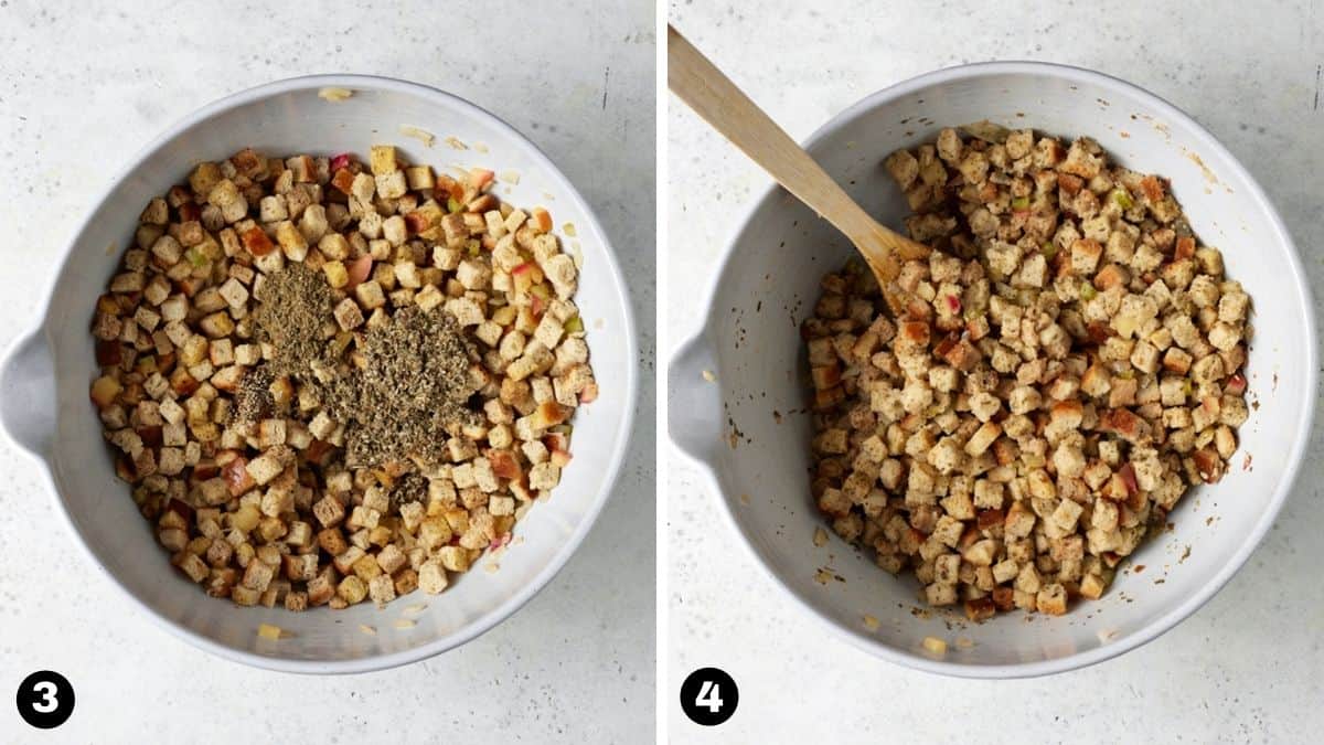 Bread cubes in a bowl mixed with spices. 