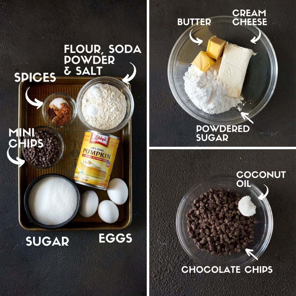 Ingredients for swiss roll cake including pumpkin, chocolate chips, sugar & butter. 