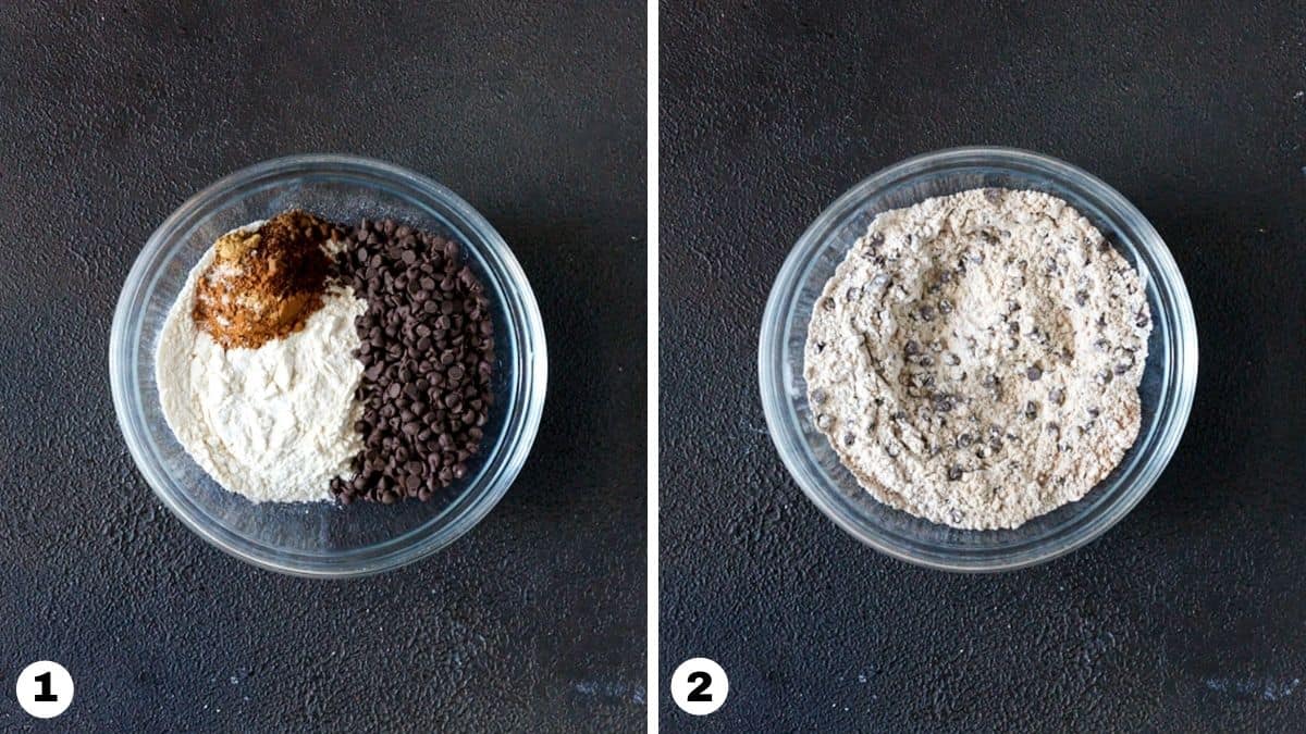 Flour, spices and chocolate chips in glass bowl. 