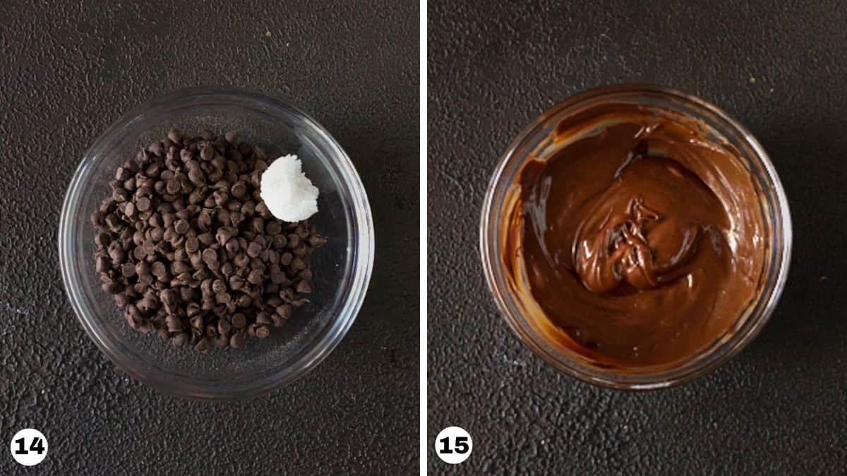 Glass bowl filled with melted chocolate and coconut oil. 