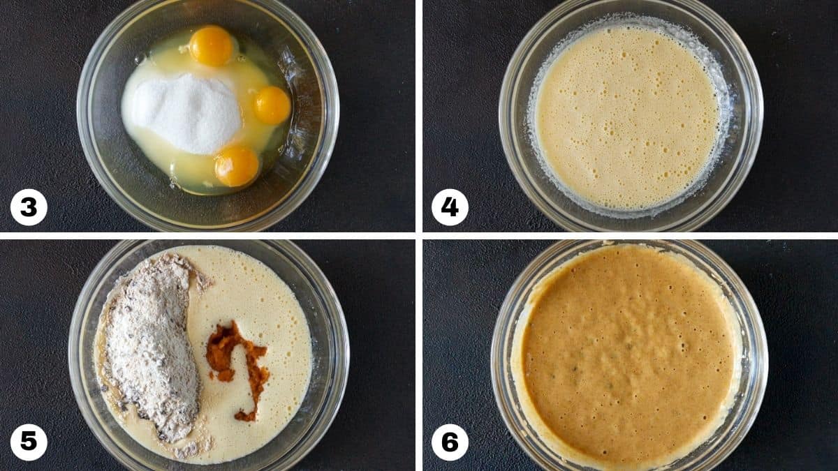 Glass bowls filled with ingredients for pumpkin swiss roll cake. 