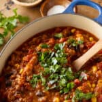 turkey pumpkin chili in dutch oven.