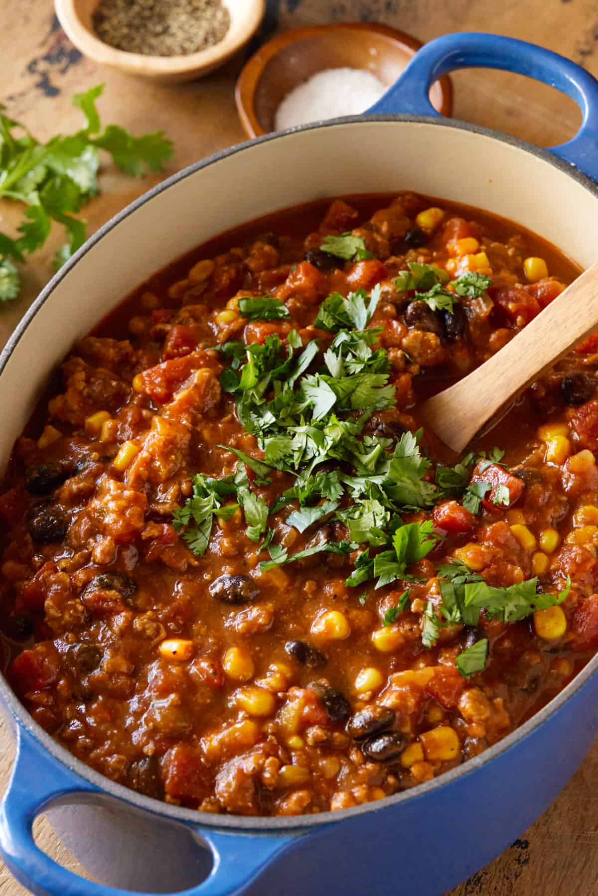 Chili in dutch oven with cilantro.