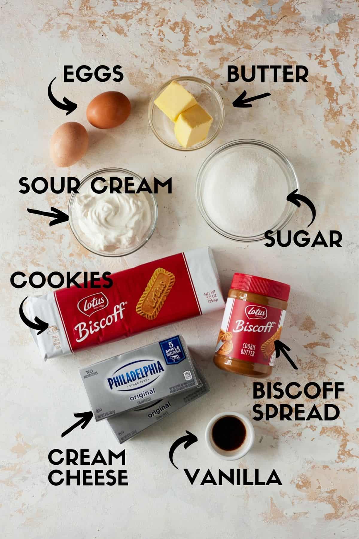 Ingredients for cheesecake including cream cheese, sour cream, sugar and Biscoff cookies. 