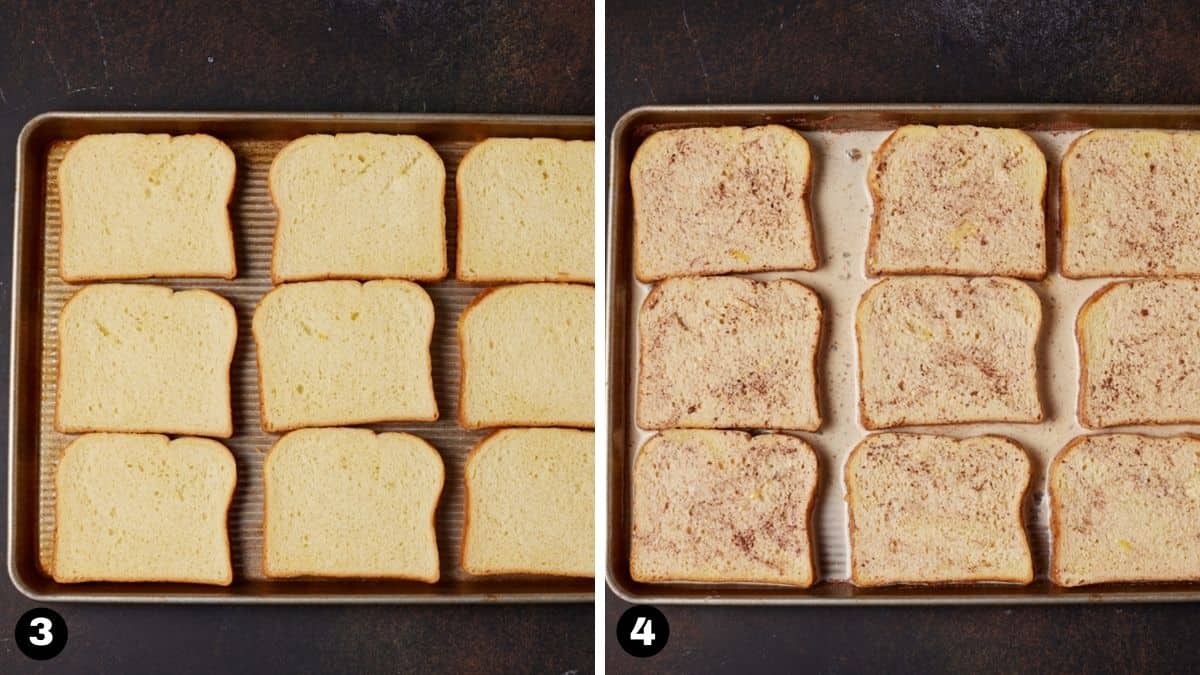 Slices of brioche bread on sheet pan soaking in french toast custard. 