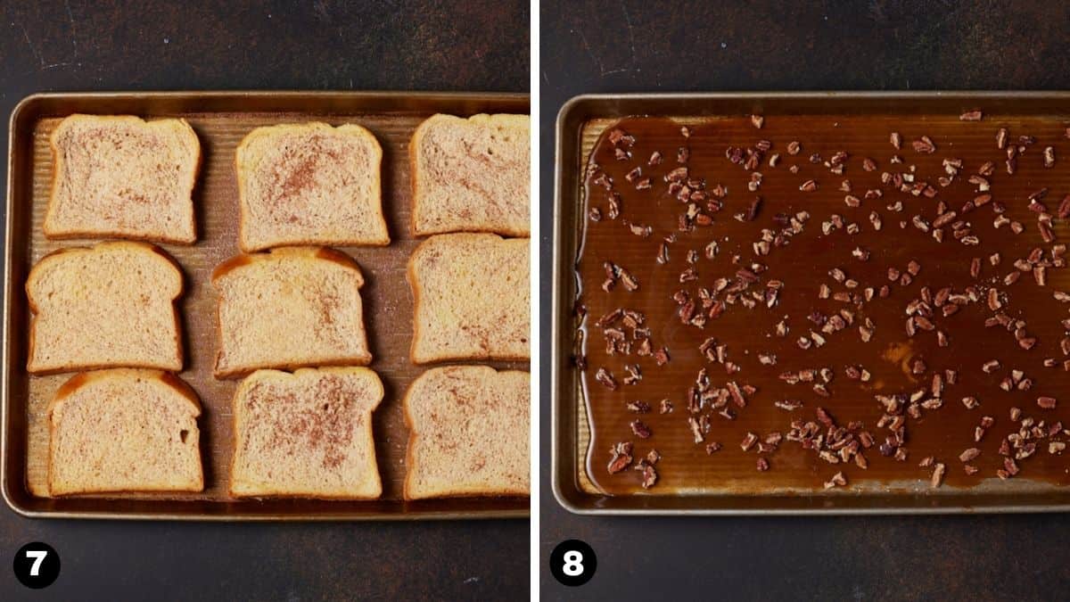 Sheet pan with brioche bread slices and caramel pecan sauce. 