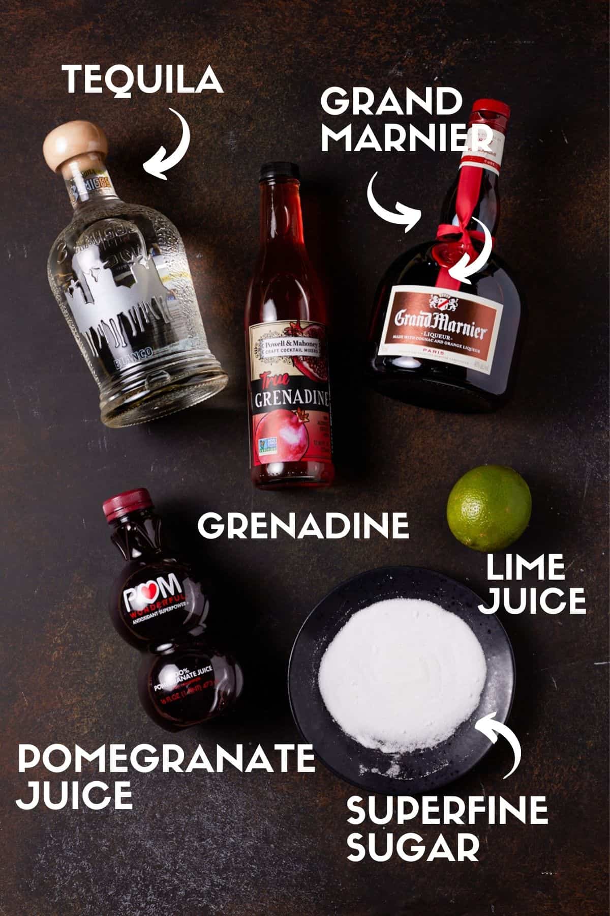 Ingredients needed for pomegranate martini.