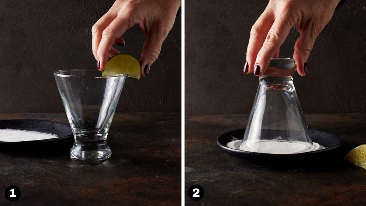 Steps for rimming a glass with sugar.