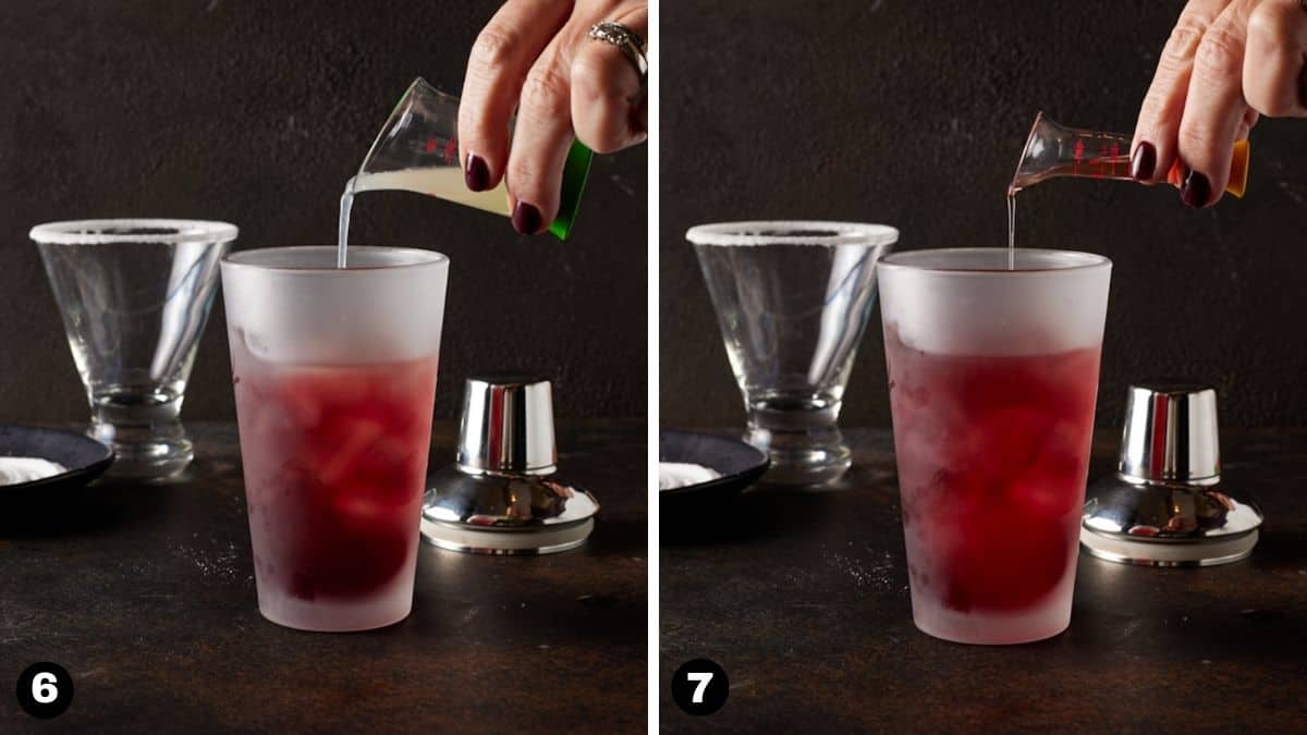 Hand pouring juices into a cocktail shaker. 