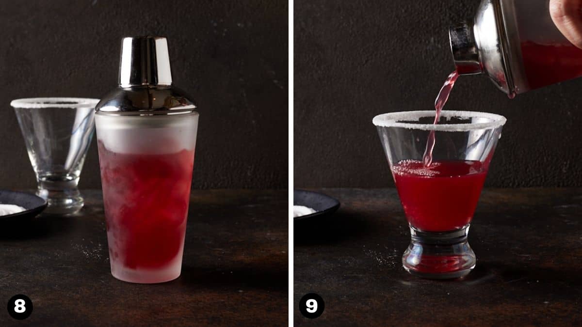 Pomegranate martini in a glass shaker being poured into a martini glass. 