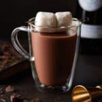 Hot Chocolate in a glass mug garnished with two large marshmallows.