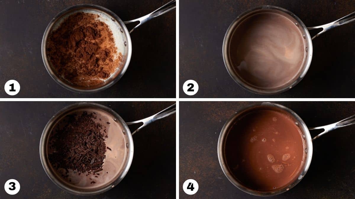 Ingredients for spiked hot chocolate in a saucepan. 