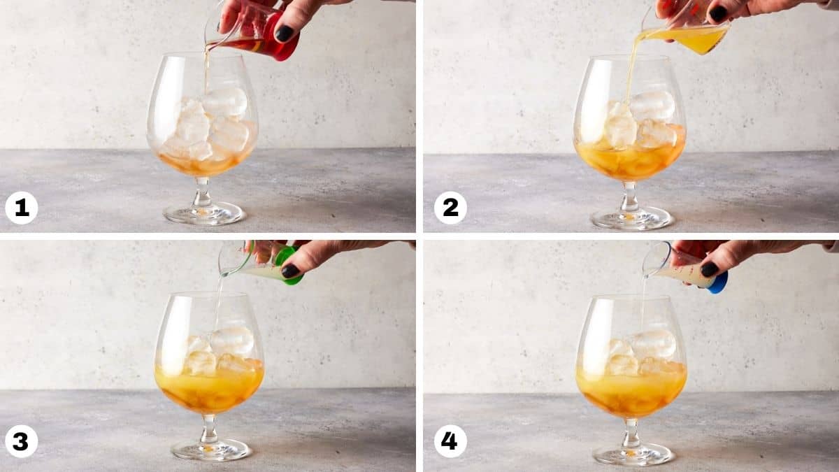 Hand pouring ingredients into a cocktail glass filled with ice. 
