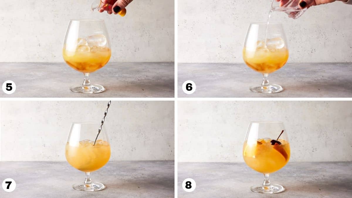 Hand pouring ingredients into cocktail glass. 