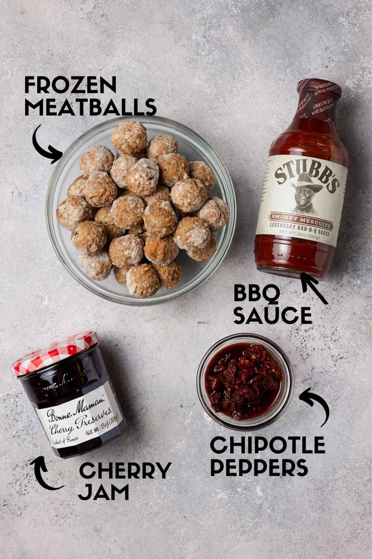 Bowl of frozen meatballs, bbq sauce, cherry jelly and chipotle peppers. 