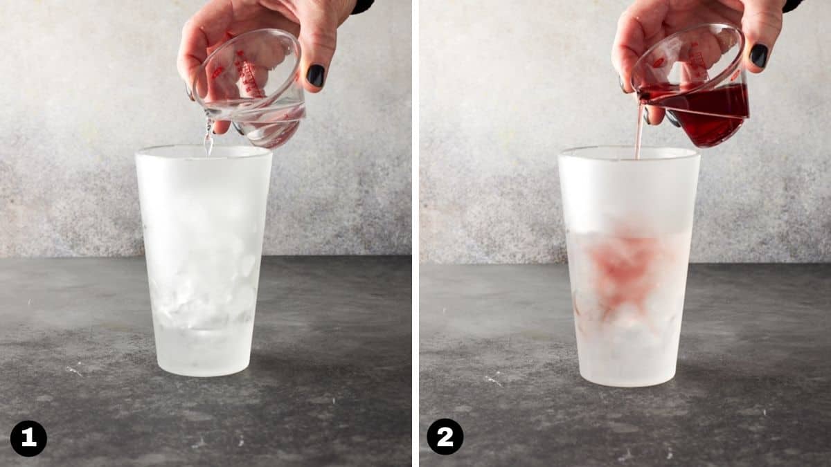 Hand pouring liquor into a glass shaker. 