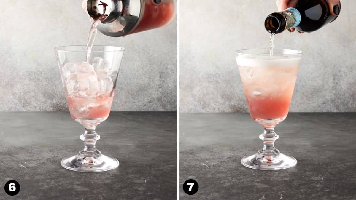 Hand pouring cocktail into glass filled with ice. 