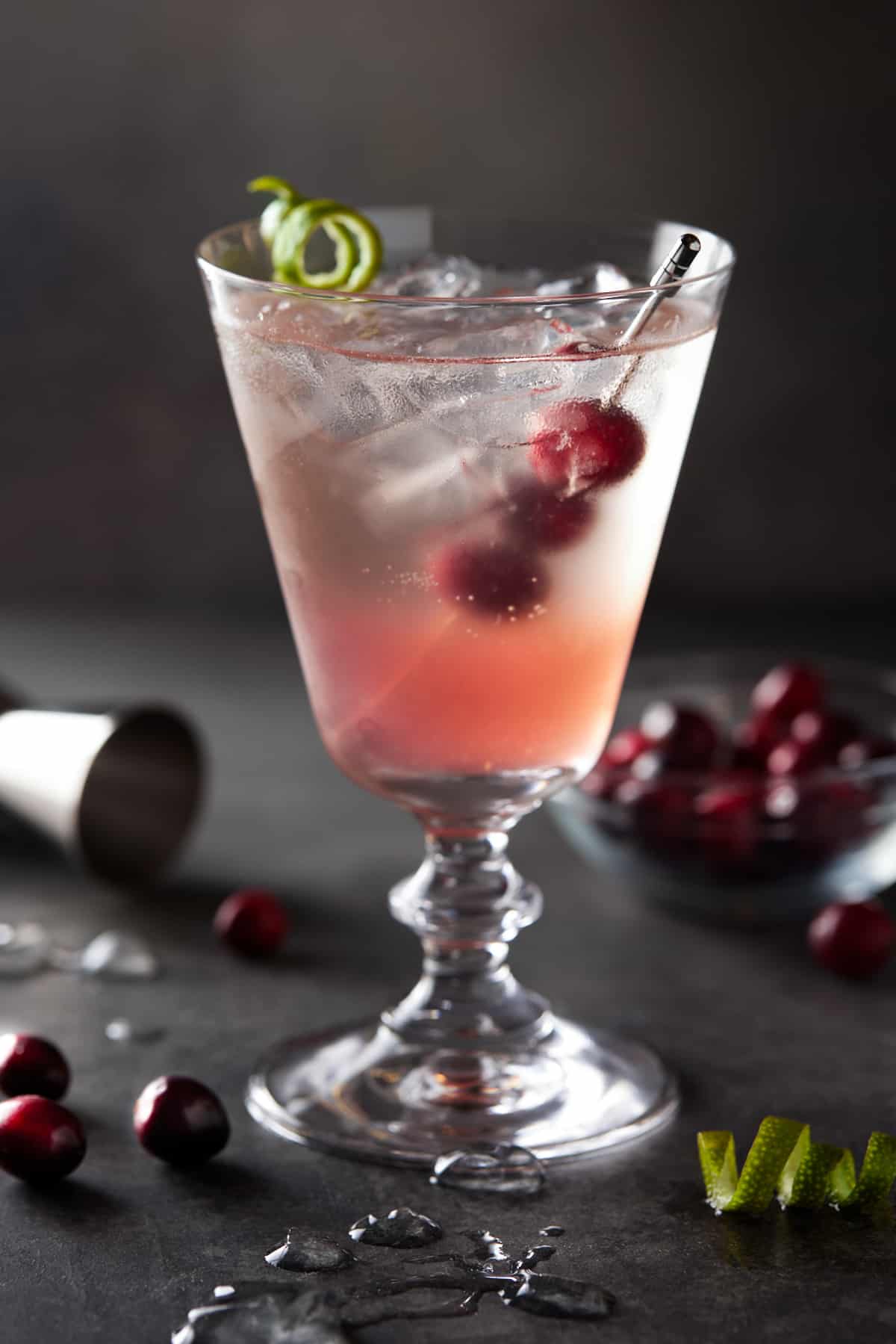 A single footed glass filled with cranberry gin cocktail. Garnished with fresh cranberries on a cocktail pick. 
