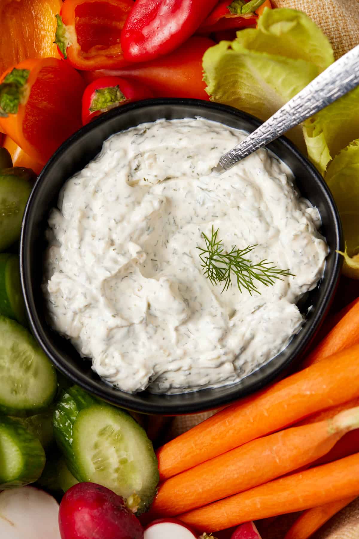 Bowl full of dip garnished with fresh dill.