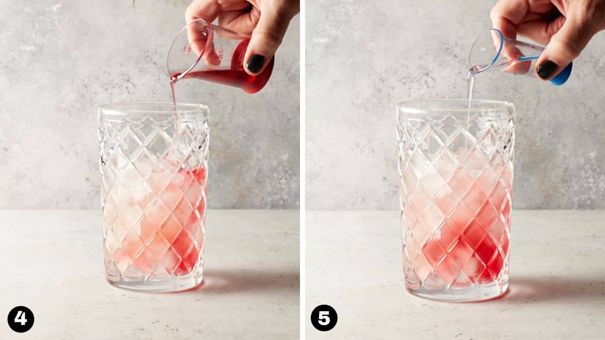 Hand pouring cranberry juice into crystal cocktail shaker. 