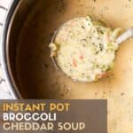 Ladle filled with soup in instant pot.