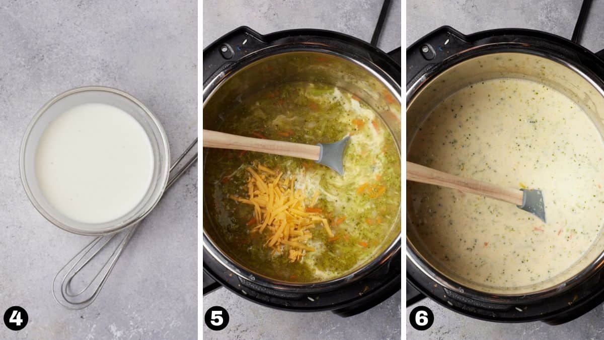 Steps 4-6 of making broccoli cheddar soup.