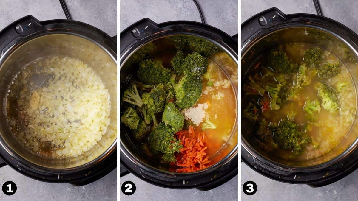 Steps 1-3 of making broccoli cheddar soup.