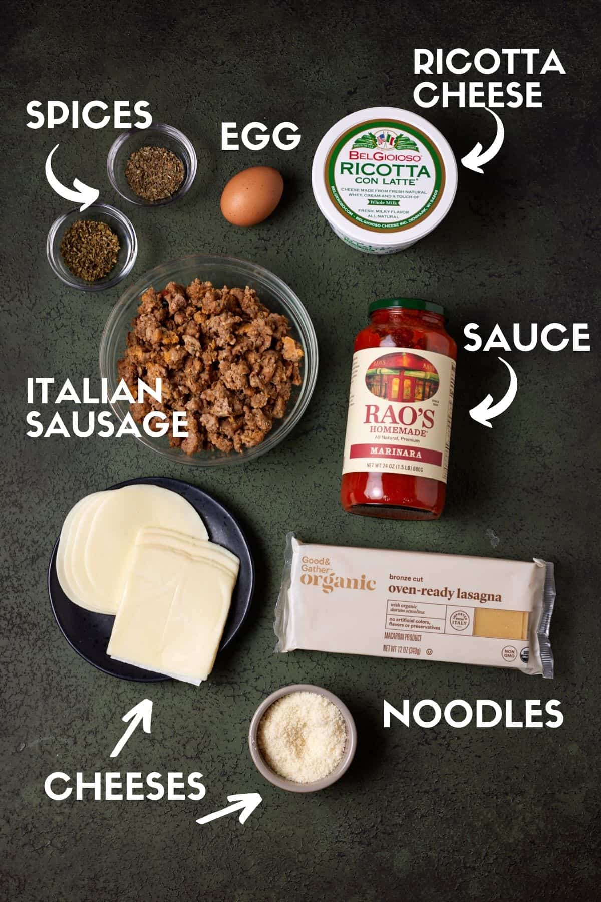 No Boil Lasagna ingredients including sausage, marinara sauce, ricotta cheese and an egg.
