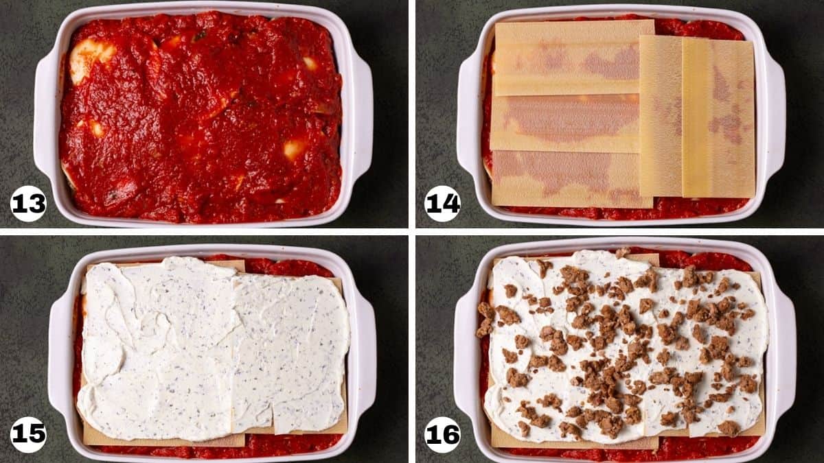 Marinara sauce, lasagna noodles, ricotta cheese and sausage layered in white casserole dish.