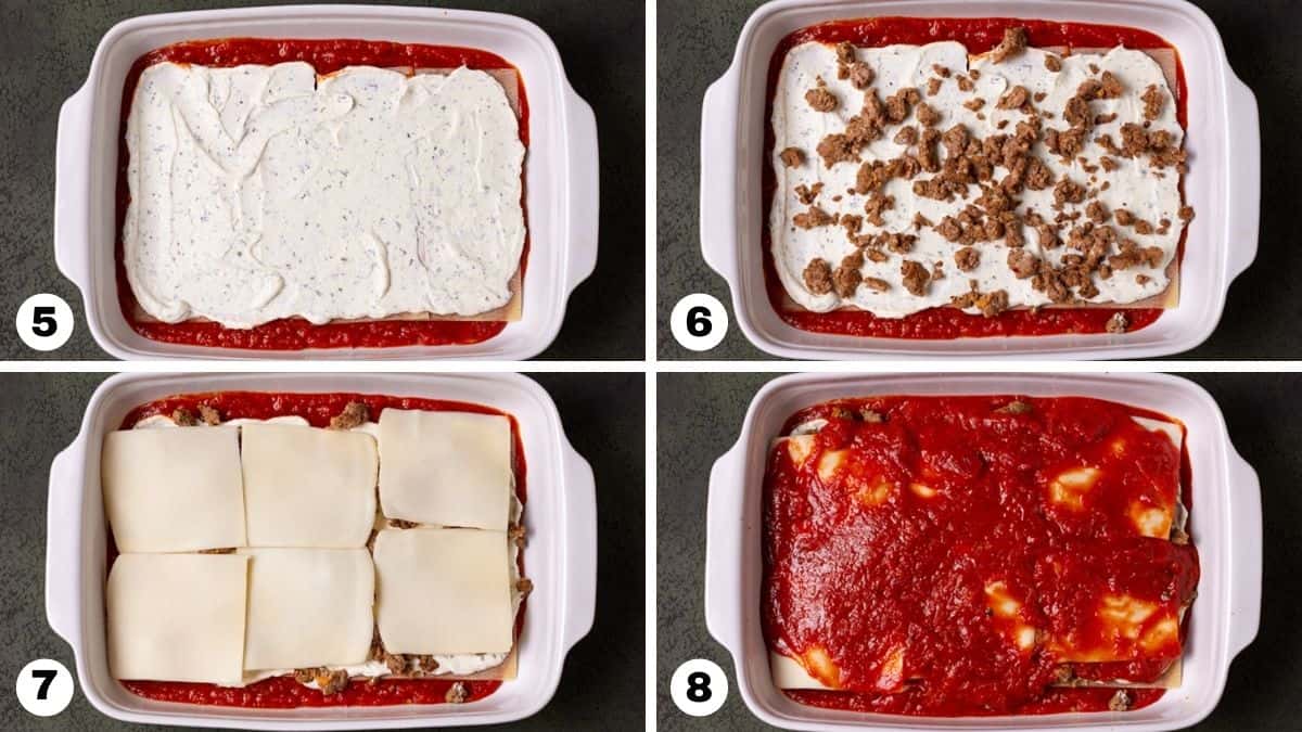 Ricotta cheese, sausage and cheese slices layered on lasagna noodles in pan.