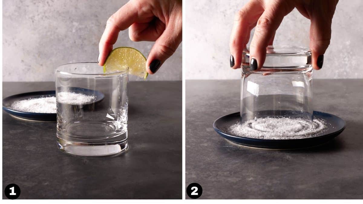 Hand rimming a lowball glass with salt. 