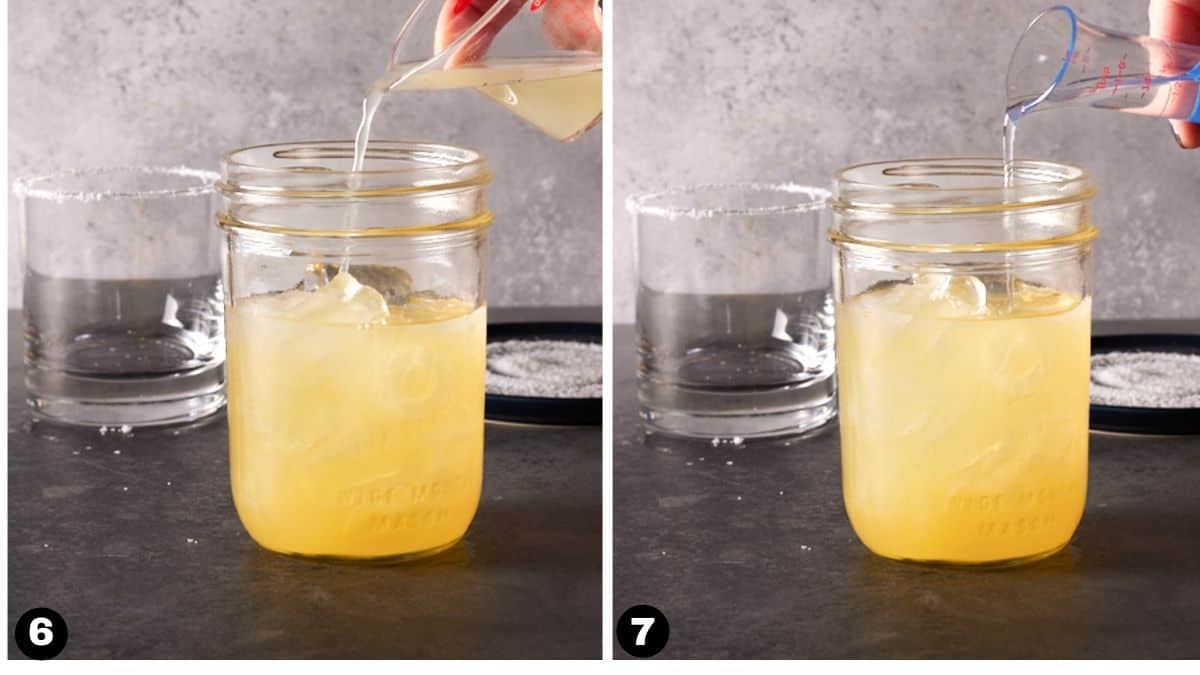 Hand pouring juices into mason jar filled with ice. 