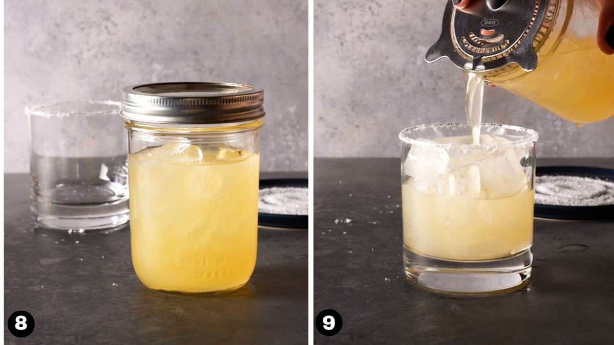 Hand pouring cocktail from mason jar into salt-rimmed glass. 