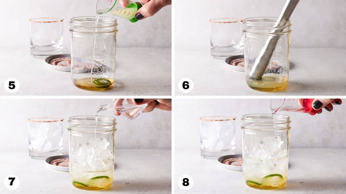 Hand pouring margarita ingredients into a mason jar. 