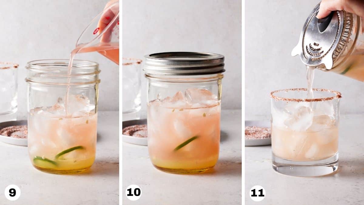 Grapefruit margarita in a mason jar being poured into lowball glass filled with ice. 